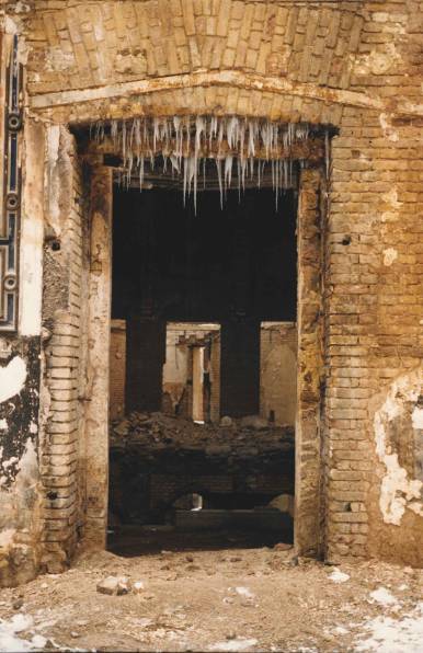 Icicles formed in a ruined doorway of the National Library, 1995. The majestic structure once housed over two million books. Destroyed in 1992, the landmark was rebuilt and reopened 22 years later.