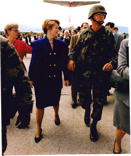 Ambassador Hunt arrives at the Tuzla airstrip, which—one year earlier—had housed tents full of women and children who were forced to flee Srebrenica.