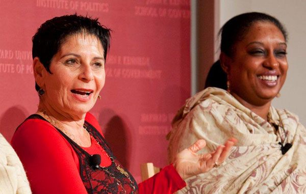 JFK-forum-israel Two women participating in an event on a stage