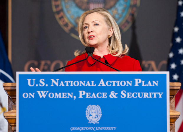 Sec. Clinton speaks at the launch of Georgetown University’s initiative to create an institute to support scholarship, research, and outreach on women, peace, and security in Dec. 2011